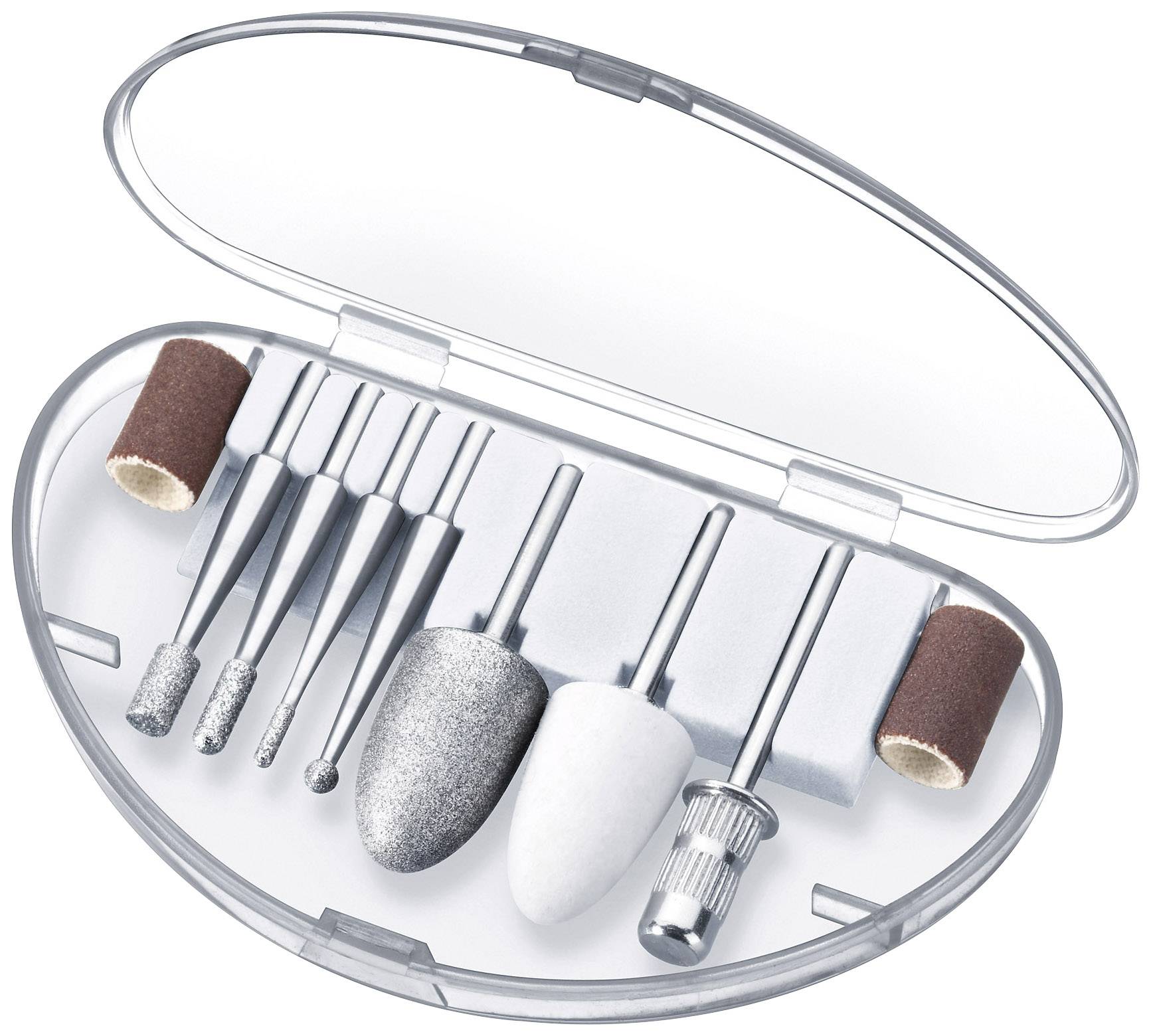 Nagelverzorgingsset met verschillende opzetstukken voor manicure en pedicure in een ovale etui.