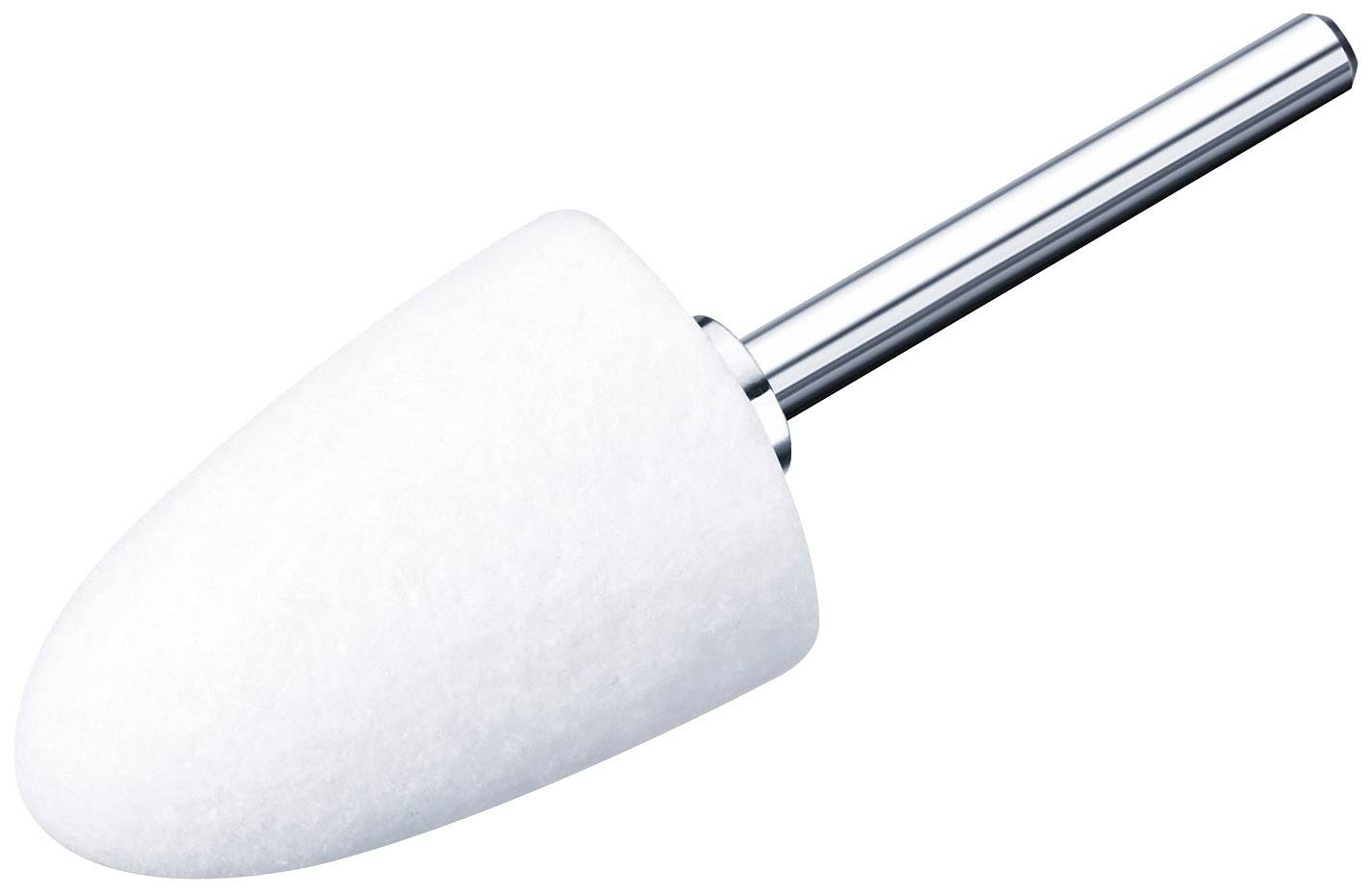 Een witte polijstopzetstuk met een metalen stang, vaak gebruikt voor fijnpolijsten en gladmaken bij metaal- of houtbewerking.