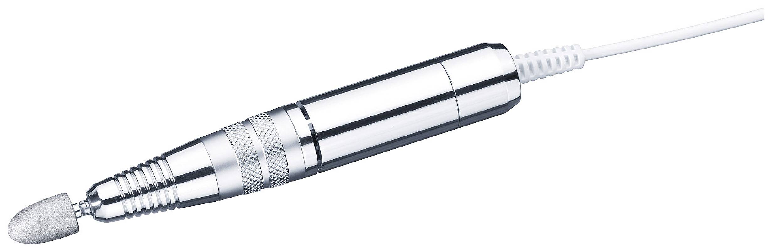 Elektrische metalen nagelvijl met ronde opzetstuk en snoer, gebruikt voor nagelzorg en manicure.