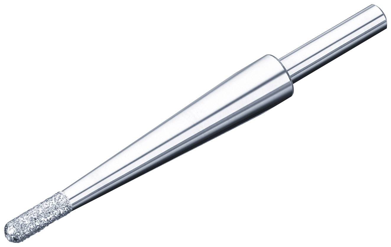 Een metalen gereedschap met een cilindrische schacht en een conische punt, deels ruw, waarschijnlijk bedoeld voor slijpwerkzaamheden.