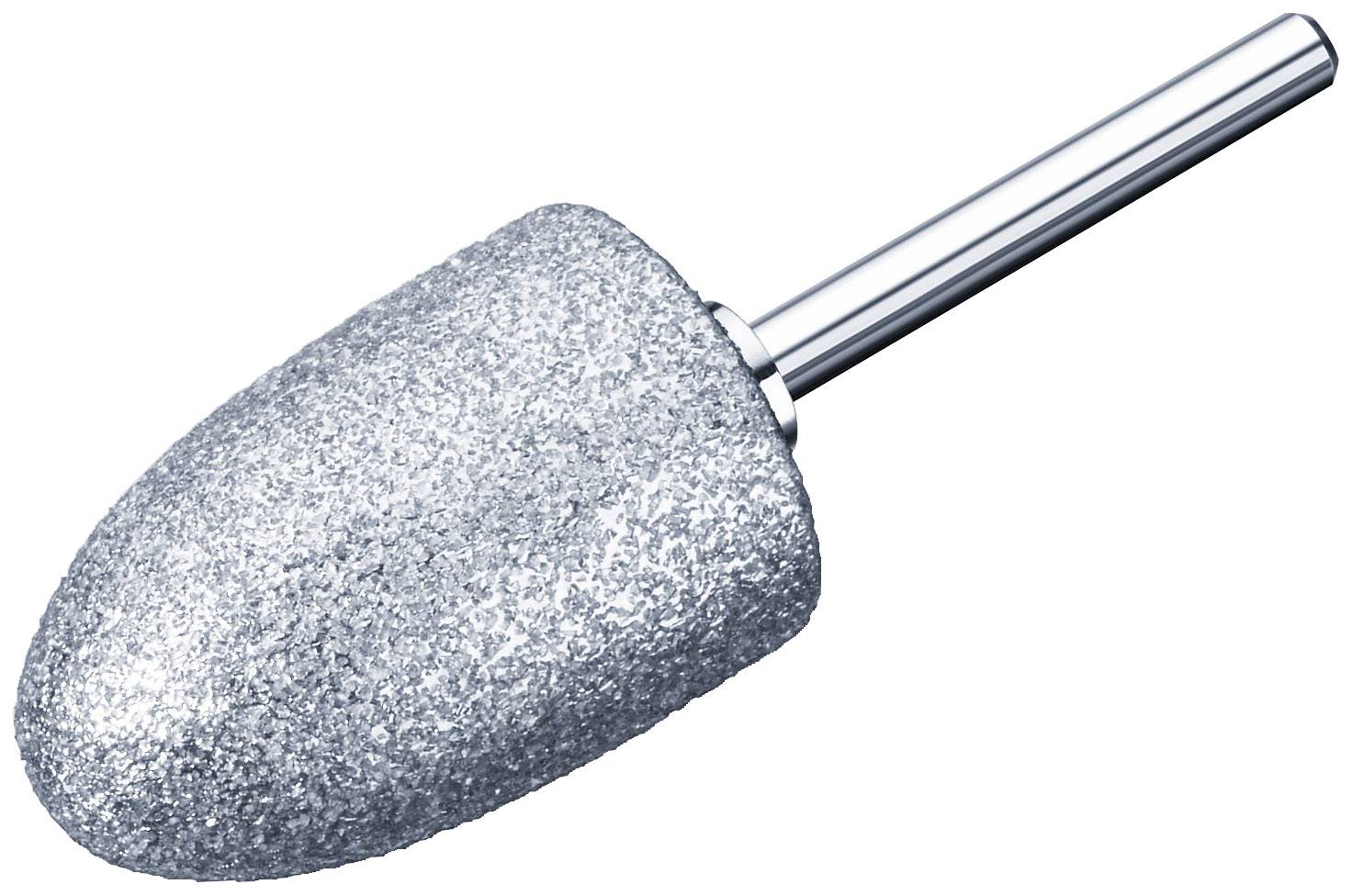 Een zilveren slijpsteen-achtige opzetstuk met een cilindrische metalen steel. Wordt gebruikt in gereedschappen voor slijpwerkzaamheden.