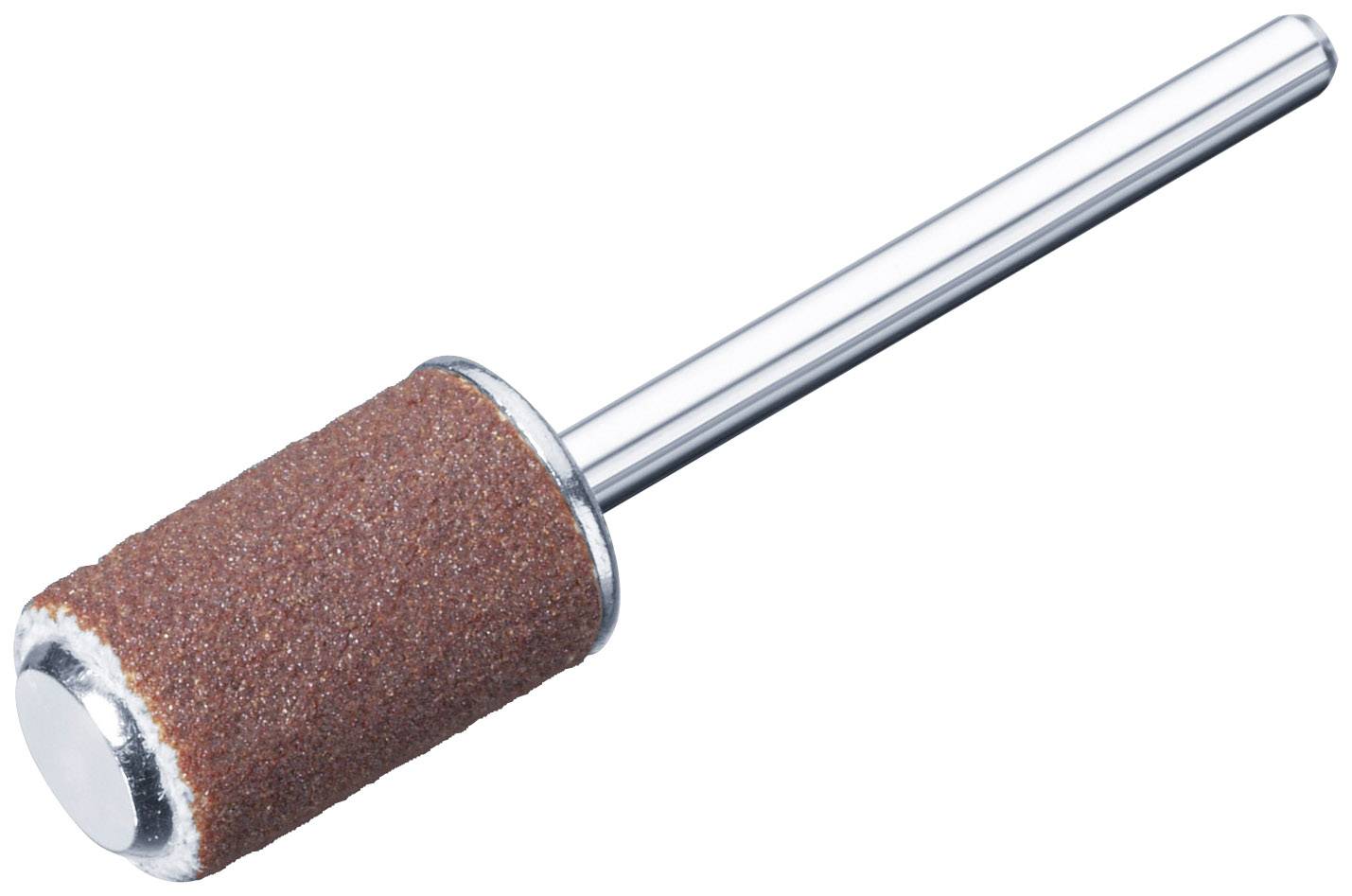 Een cilindrische slijpopzetstuk met een bruine, korrelige oppervlakte en een zilveren steel, gebruikt voor het slijpen en polijsten.