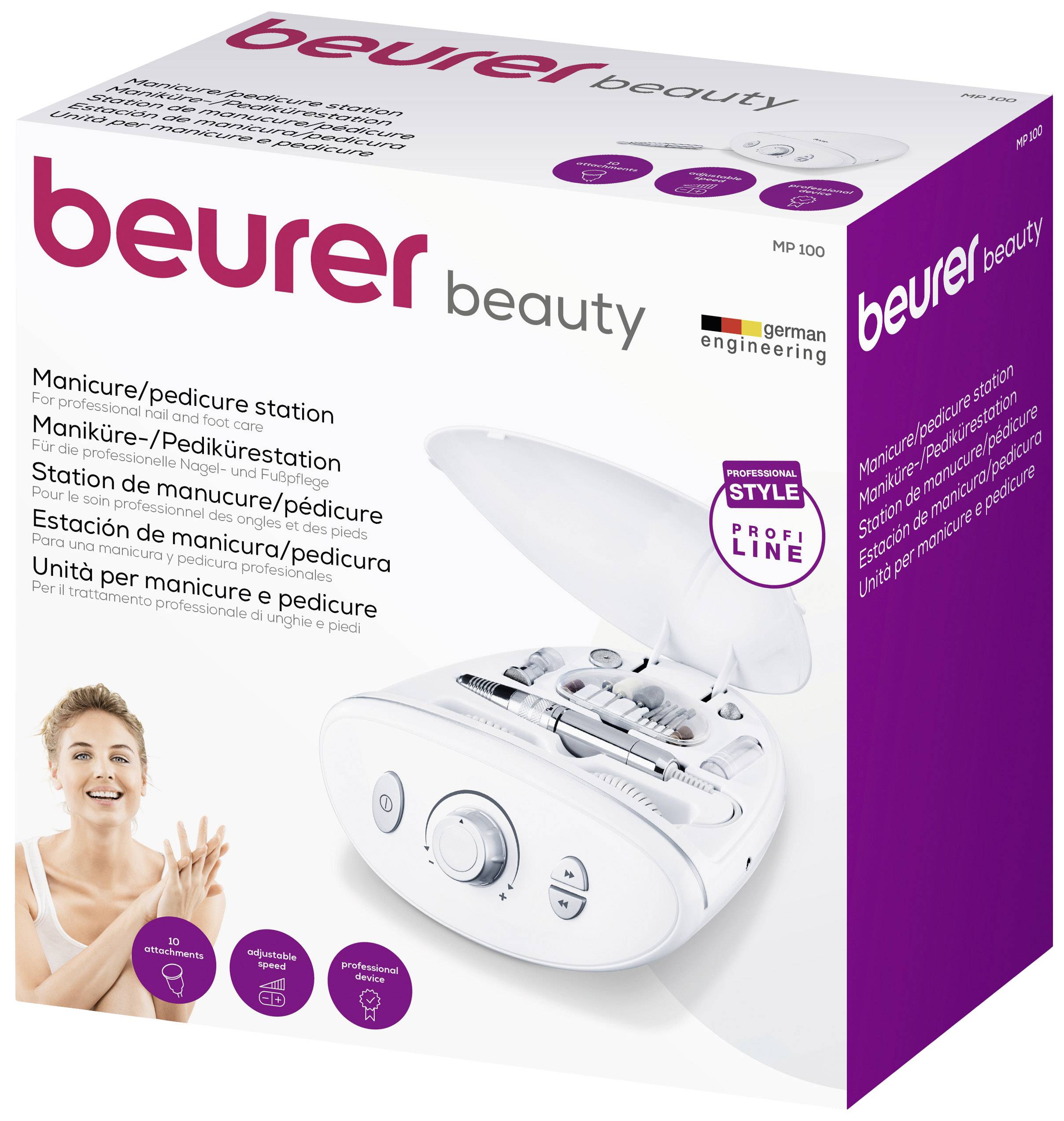 Verpakking van de Beurer Manicure/Pedicure-station MP 100. Bevat apparaat en toebehoren voor professionele nagelverzorging.