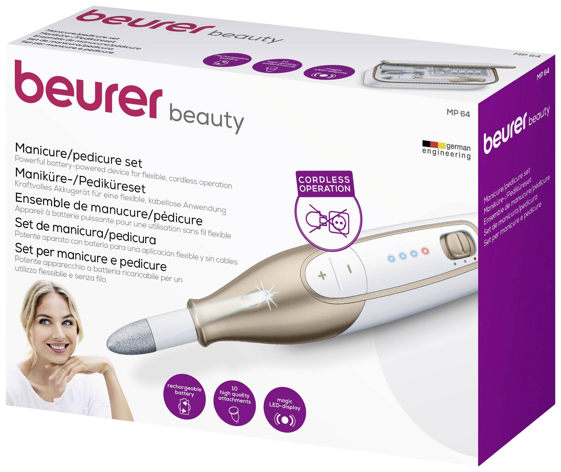 Maniküre/Pediküre Set<br>Draadloze werking<br>German engineering<br><br>[Beschrijving van de verpakking met afbeelding van een nagelverzorgingsset en een lachende vrouw]