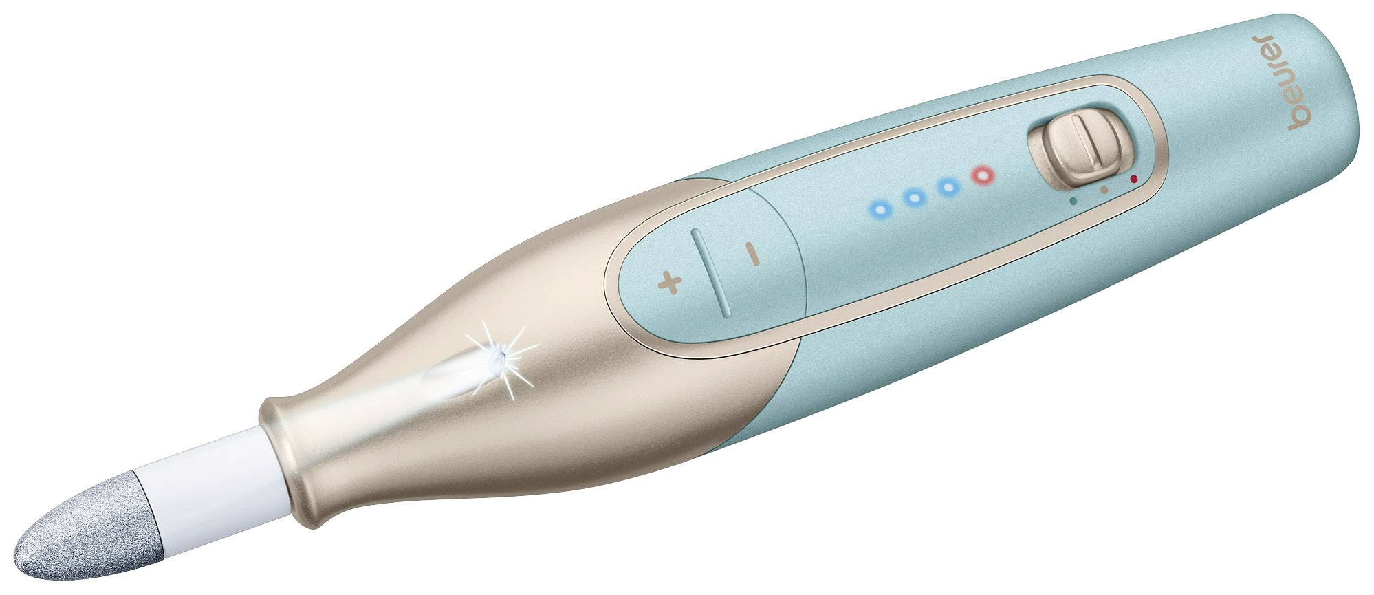 Elektrische nagelvijl in blauw en beige, met bedieningspaneel en roterende vijlpunt. Ideaal voor manicure en pedicure.