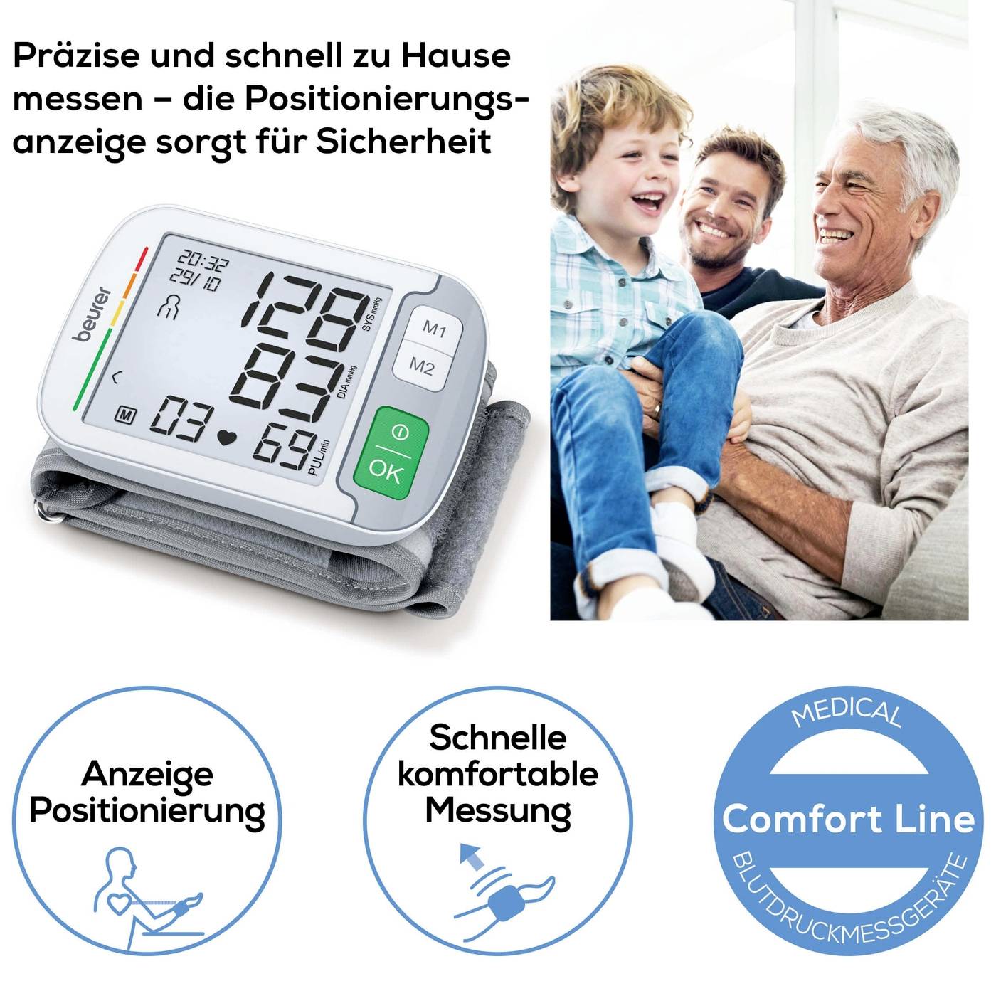 Een bloeddrukmeter toont meetwaarden. Ernaast een glimlachende man met kind. Tekst: 'Weergave positionering', 'Snelle comfortabele meting'.