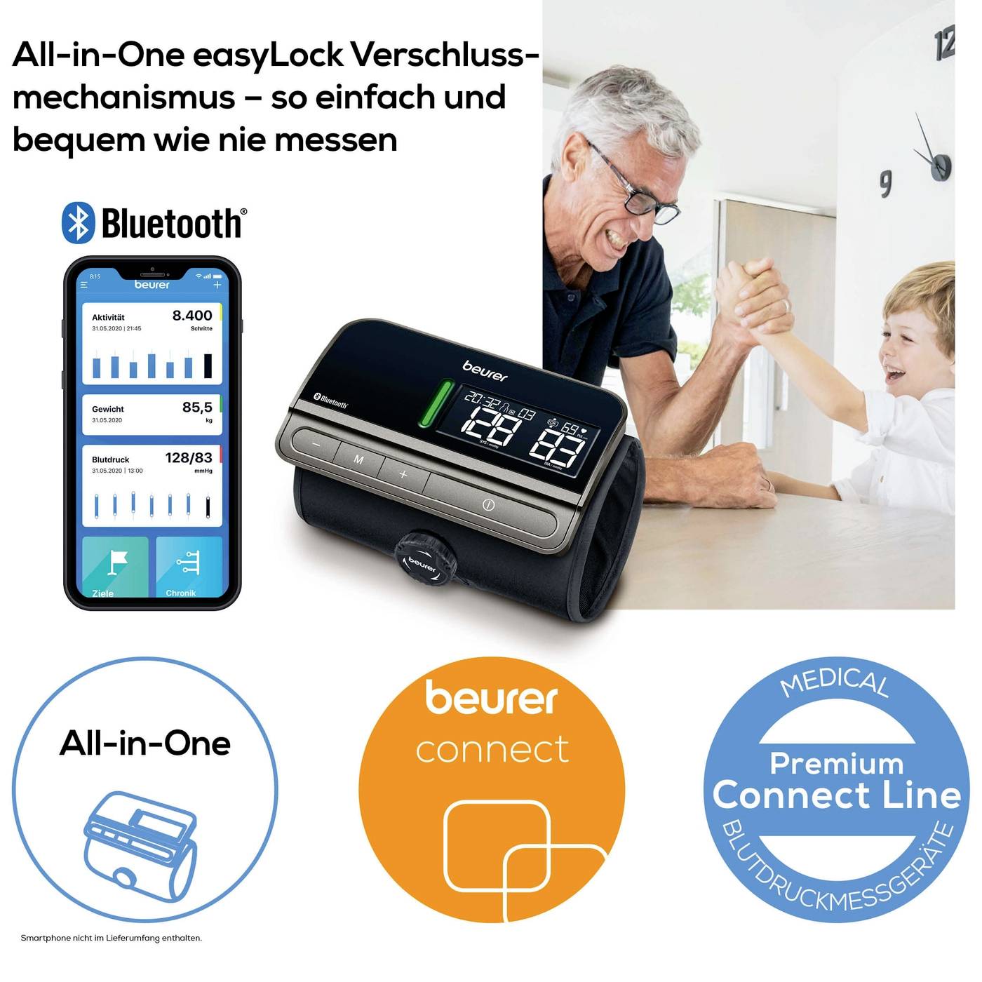 Opa en kleinzoon geven elkaar een high-five naast een digitaal bloeddrukmeetsysteem; Tekst beschrijft de gebruiksvriendelijkheid en Bluetooth-functie.