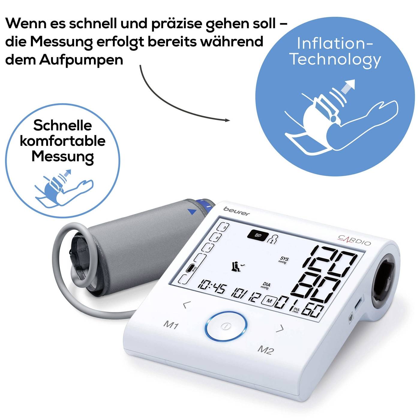 Elektronische bloeddrukmeter met weergave in mmHg. Functies: inflatietechnologie, snelle en comfortabele meting.