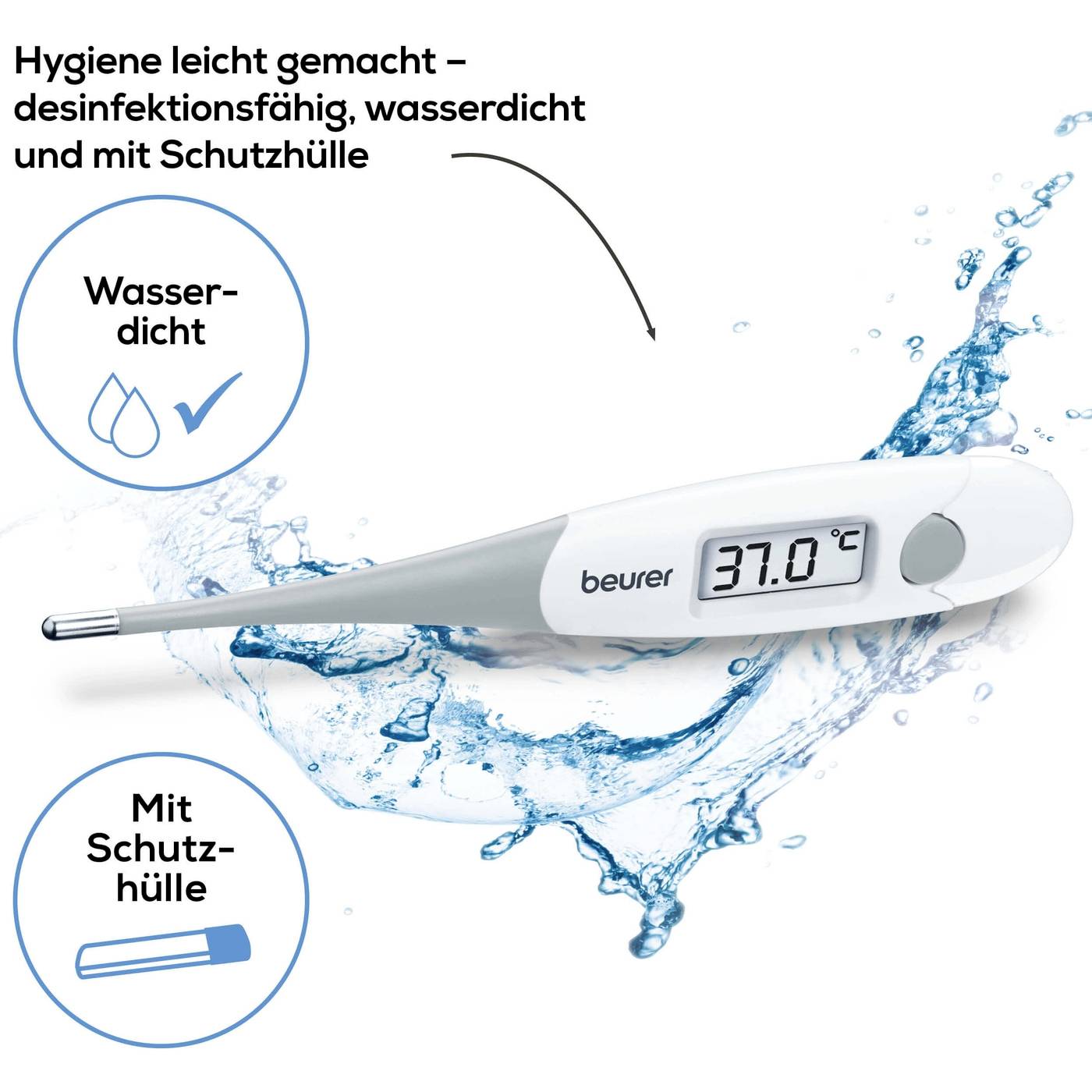 Een digitale thermometer met een aanduiding van 37,0 °C. Belooft waterdichtheid, desinfecteerbaar en wordt geleverd met een beschermhoes.