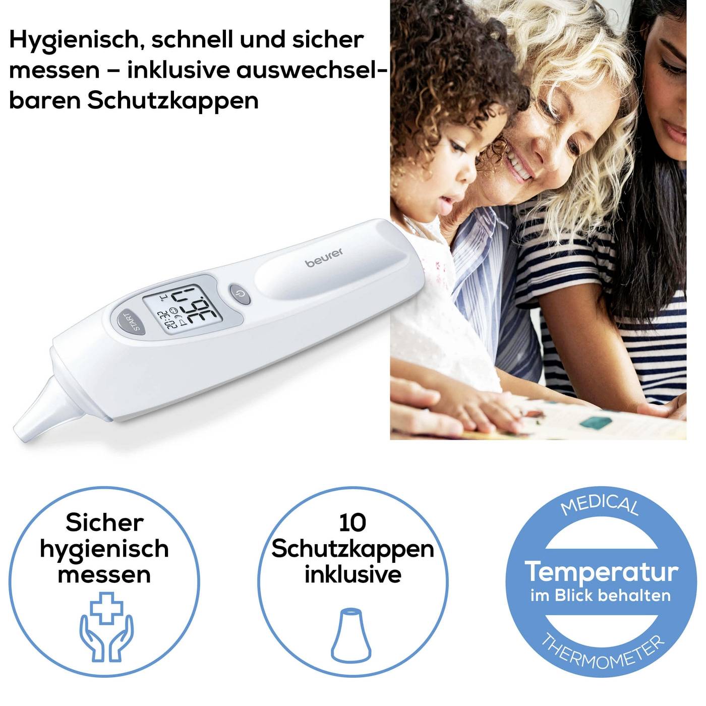 Digitale thermometer met beschermkapjes voor hygiënisch en veilig meten. Het display toont de temperatuur. Twee personen op de achtergrond.
