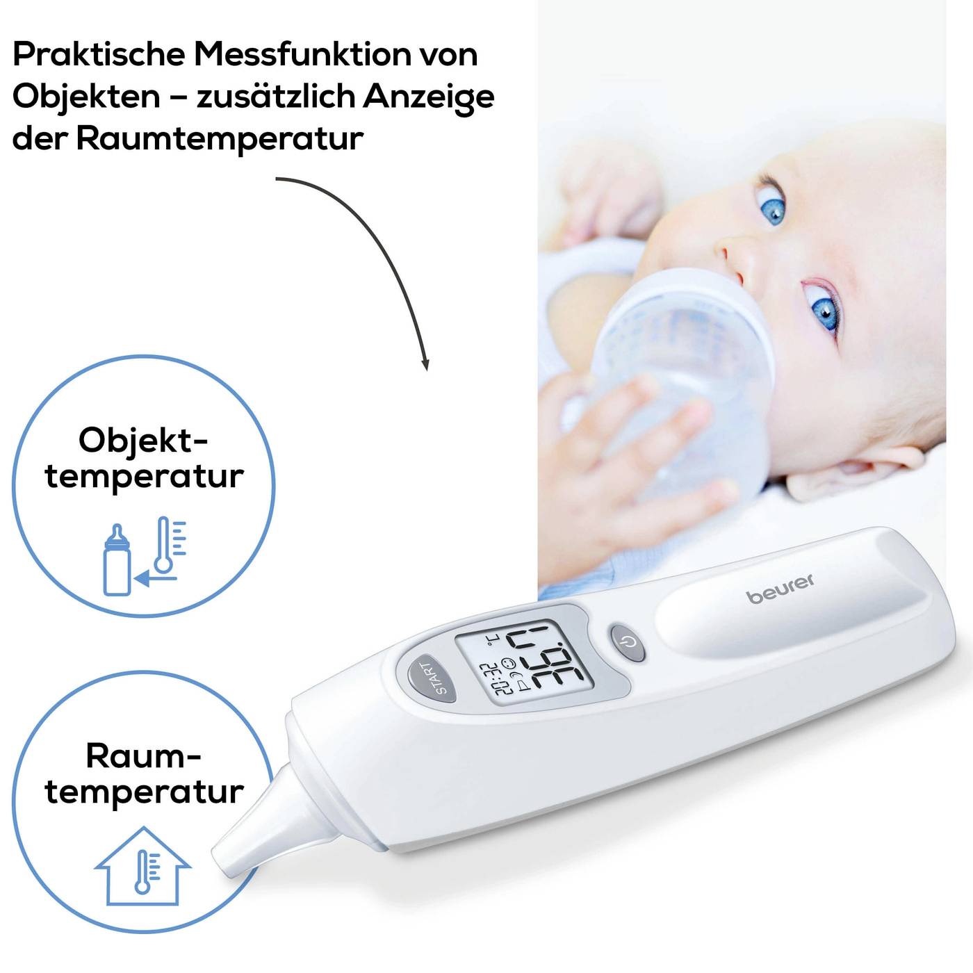 'Beurer Thermometer' houdt de temperatuur van een babyflesje vast. Functies: objecttemperatuur en kamertemperatuur meten.
