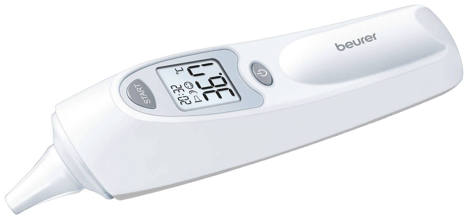 Digitale oorhoogtemeter met display, toont temperatuur van 36,4 graden Celsius. 'Start'- en 'Beurer'-markering op het apparaat.