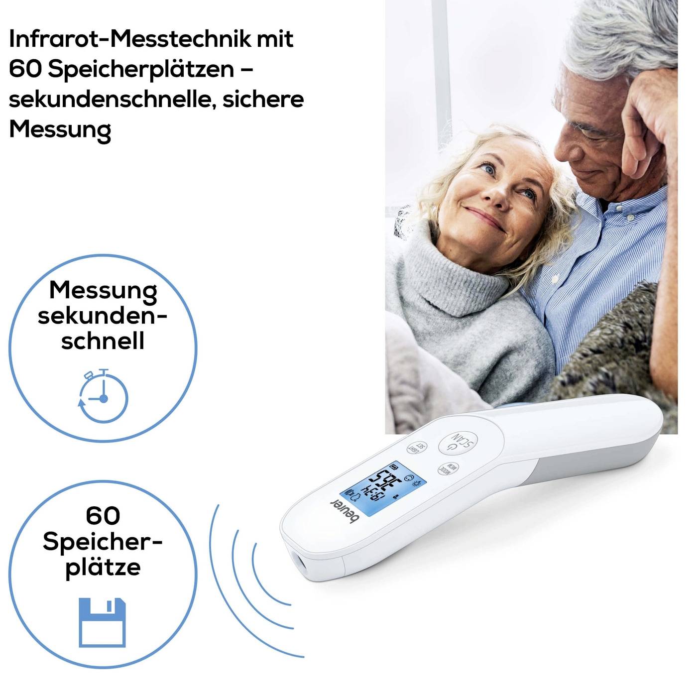 Een ouder echtpaar zit op een bank. Op de voorgrond een infrarood-thermometer met een digitaal display dat 60 geheugenplaatsen biedt.