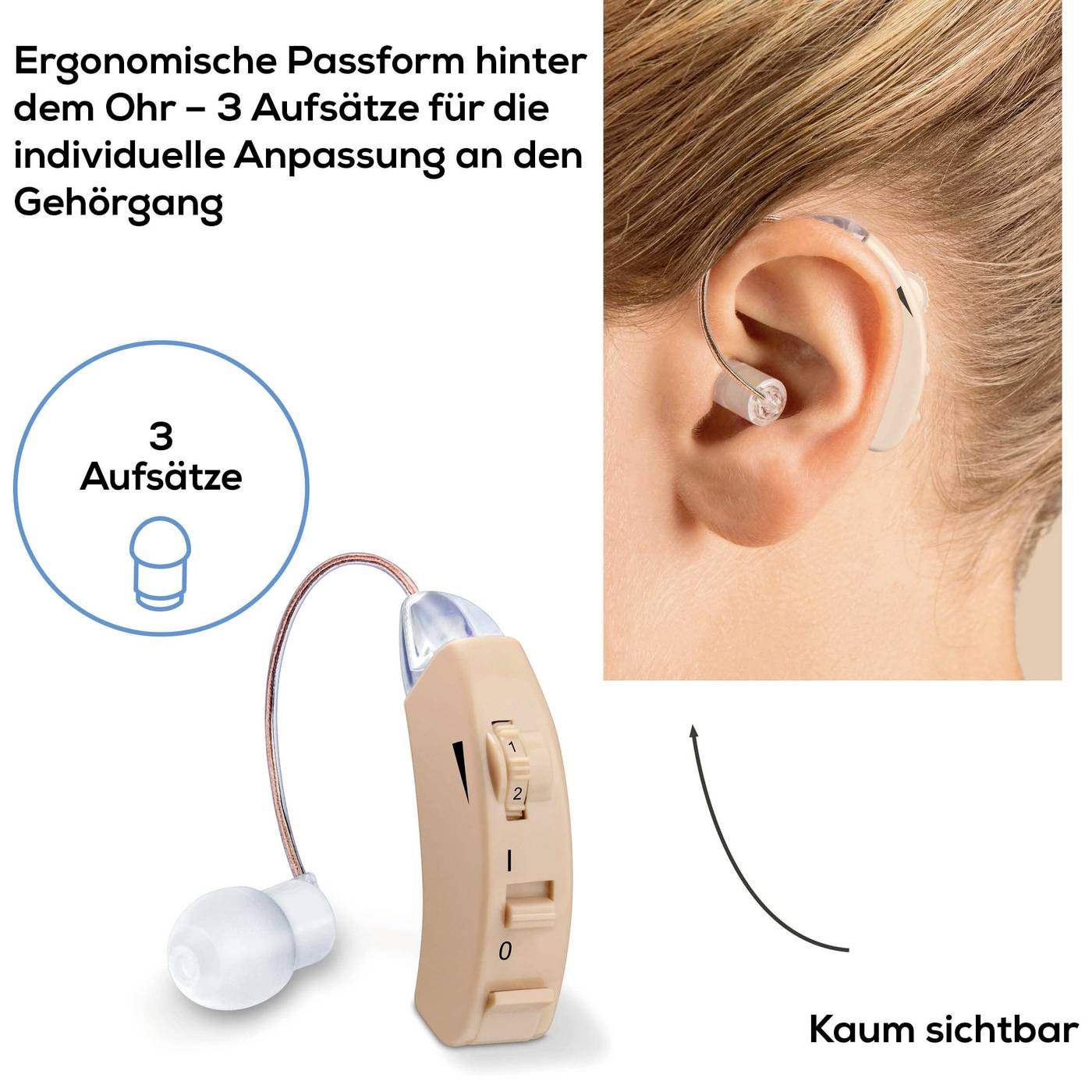 'Gehoorapparaat achter het oor met ergonomische pasvorm en drie opzetstukken voor individuele aanpassing aan de gehoorgang.'