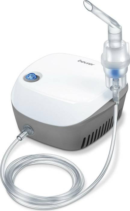 Compact inhalatietoestel met mondstuk en slang, geschikt voor het toedienen van medicatie bij luchtwegaandoeningen.