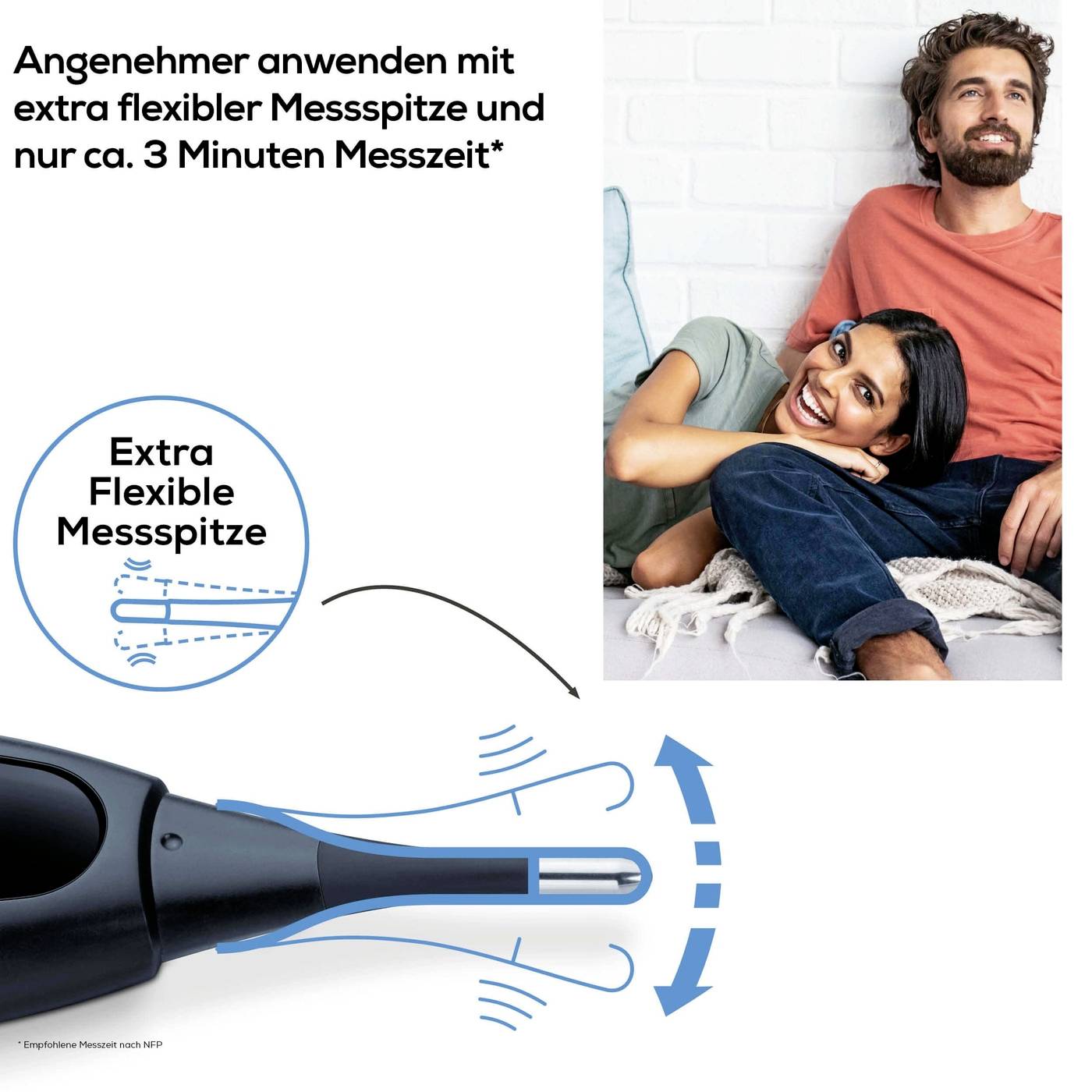 Een stelletje zit lachend op een bank. Naast hen een illustratie van de flexibele punt van een thermometer met een belofte van een korte meettijd.