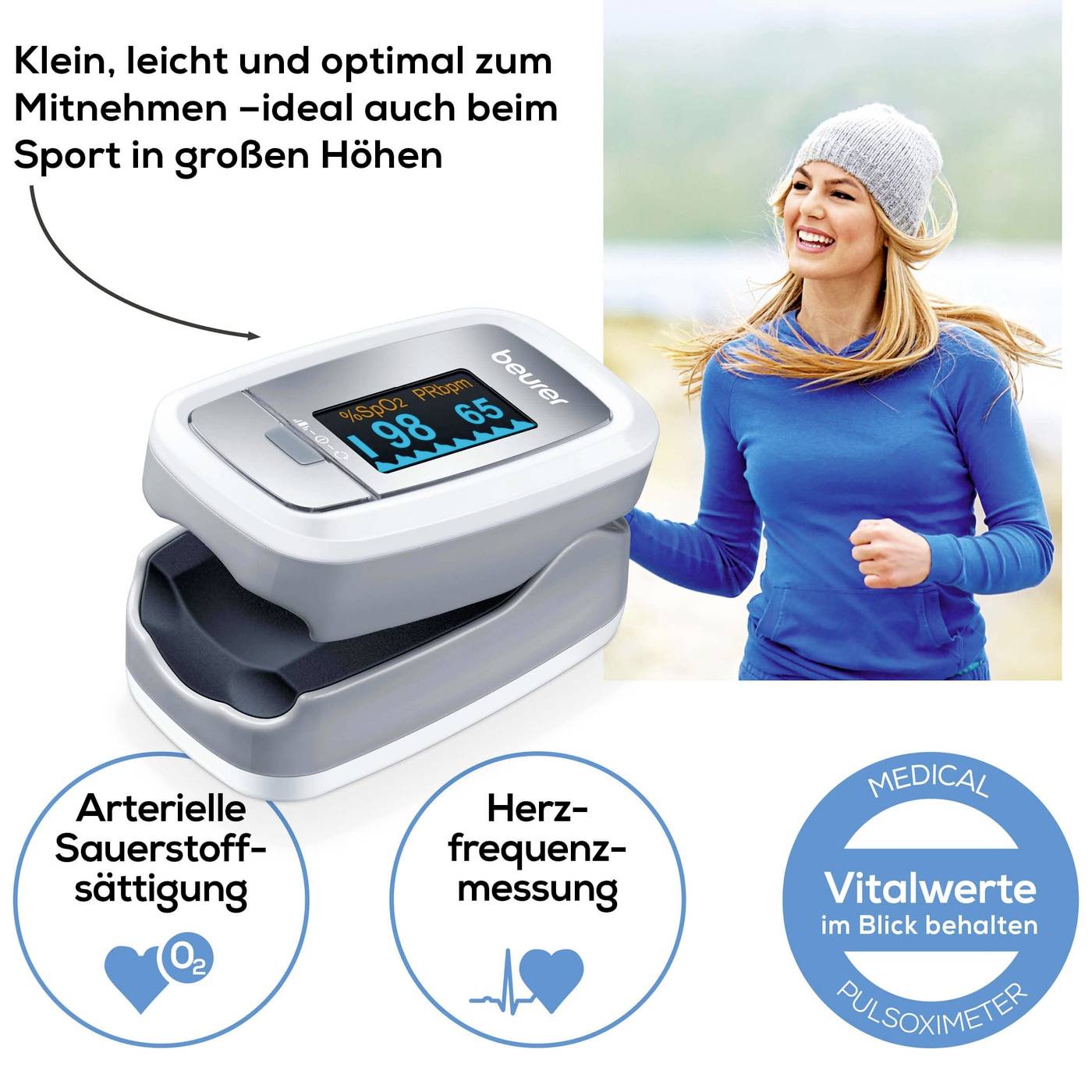 Compact pulsoxymeter, ideaal voor sporten op grote hoogtes, toont arteriële zuurstofverzadiging en hartfrequentie, vrouw aan het joggen op de achtergrond.