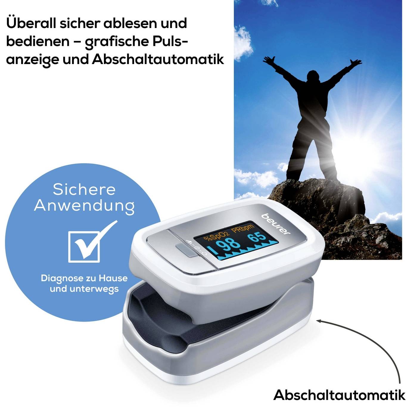 Oxymeter met digitaal display, toont hartslag en zuurstofverzadiging '98%'. Mens juicht op bergpunt op de achtergrond. Tekst: 'Automatische uitschakeling'.