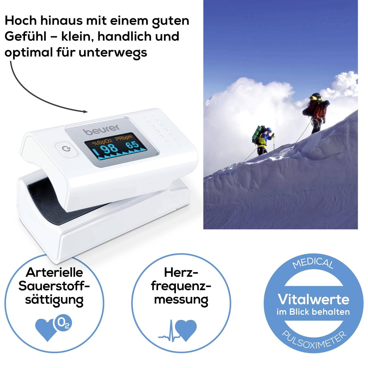 'Pulsoximeter van Beurer meet arteriële zuurstofverzadiging en hartfrequentie. Twee bergbeklimmers in de sneeuw, vitale waarden in het vizier.'