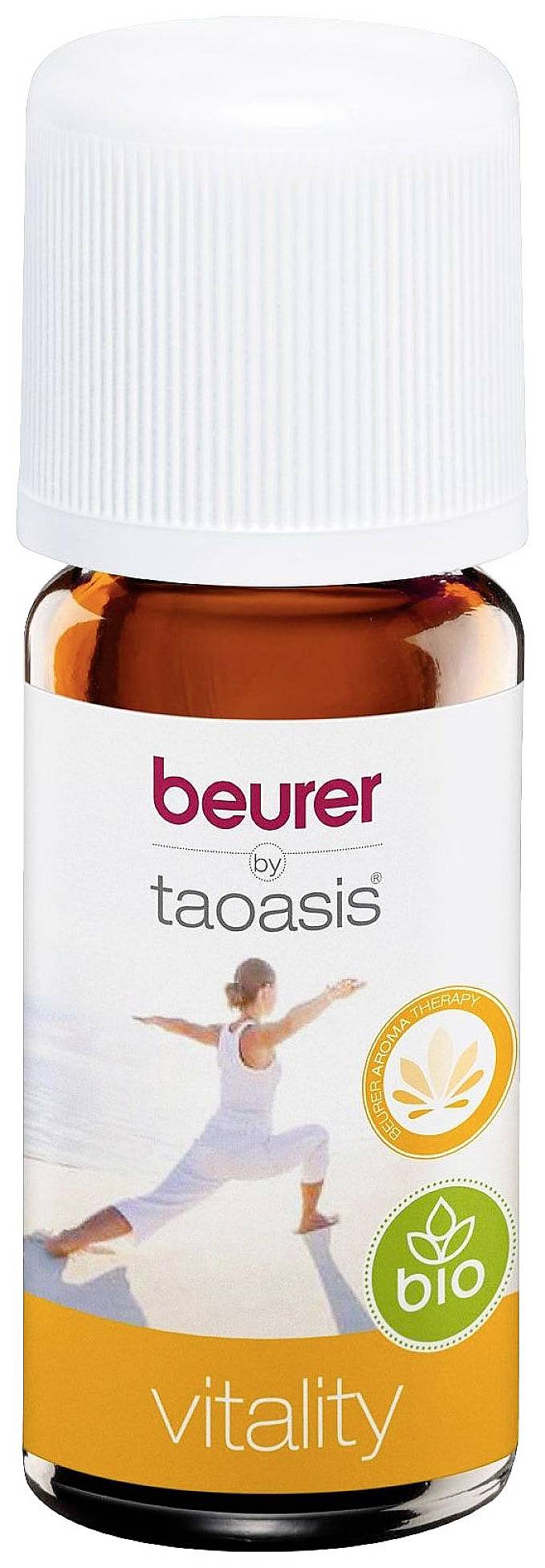 Een kleine fles met etherische olie, geëtiketteerd met 'beurer by taoasis'. Op het etiket staat een vrouw in een yoga-houding.