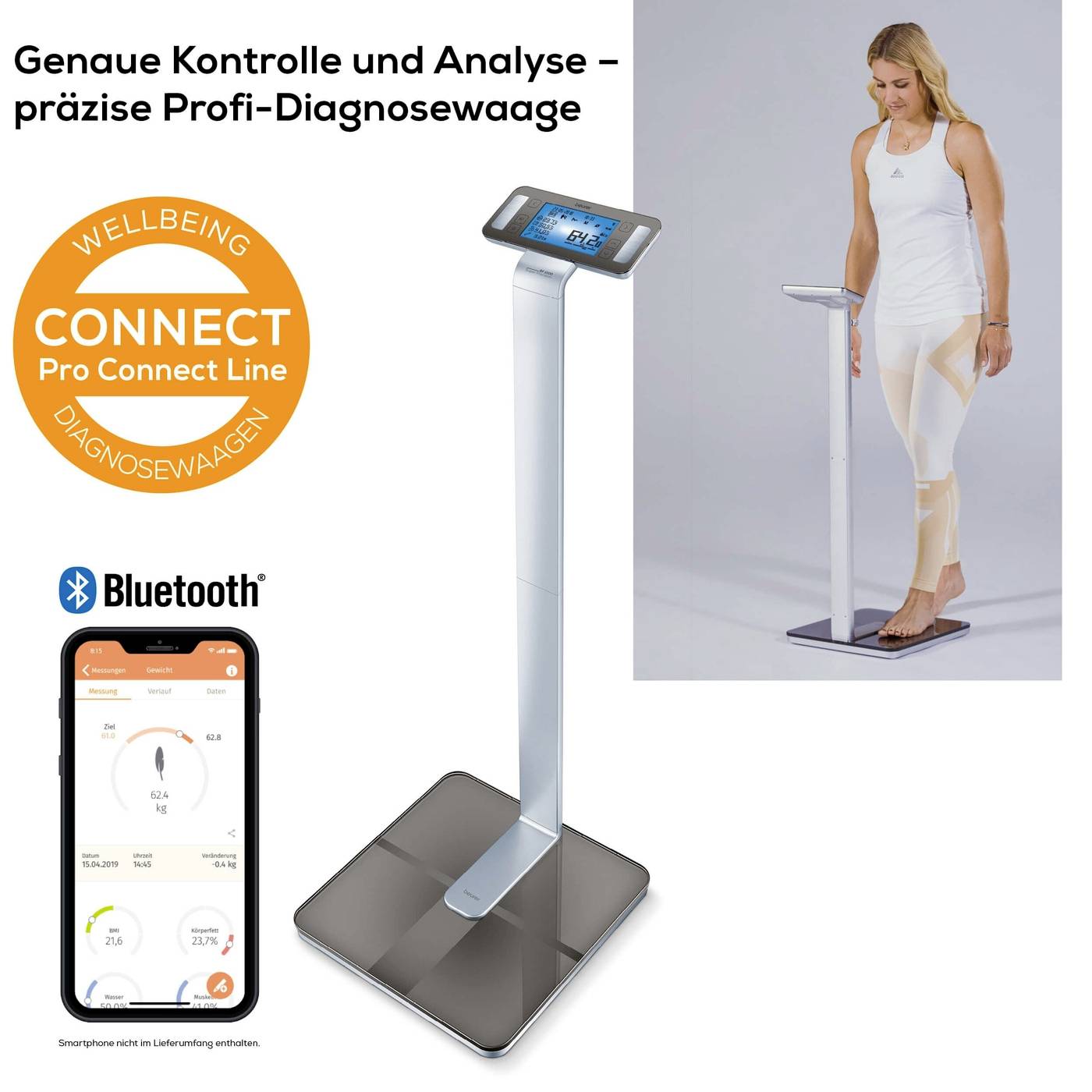 Weegschaal met smartphone-app-aansluiting. Vrouw staat op de weegschaal. Tekst: 'Nauwkeurige controle en analyse – precisie professionele diagnoseweegschaal', 'Bluetooth'.