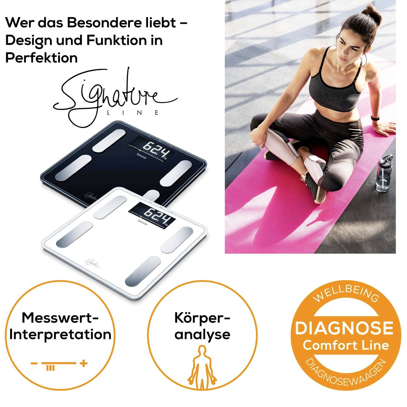 Twee digitale personenweegschalen met lichaamsanalyse-functie op een fitnessvloer. Een vrouw doet yoga op een roze mat.