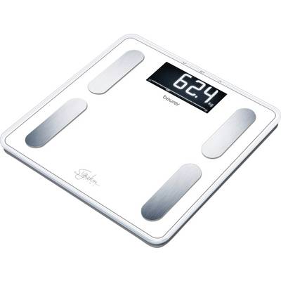 Elektronische weegschaal met digitaal display toont '62,4 kg'. Zilveren sensoren op een wit oppervlak.