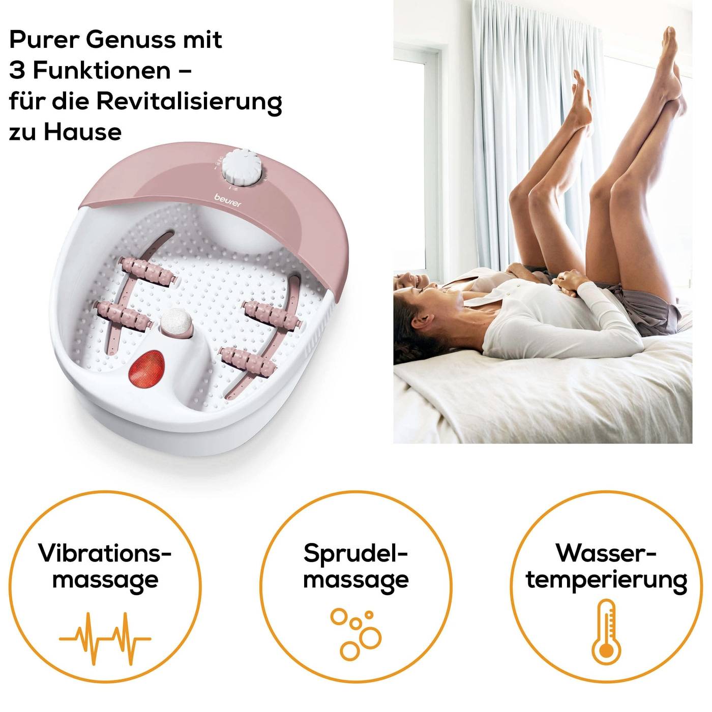 Een voetsprudelbad met functies: Trillingsmassage, bubbelmassage en watertemperatuurregeling. Tekst zegt: 'Zuiver genieten thuis'. Vrouw geniet op bed.