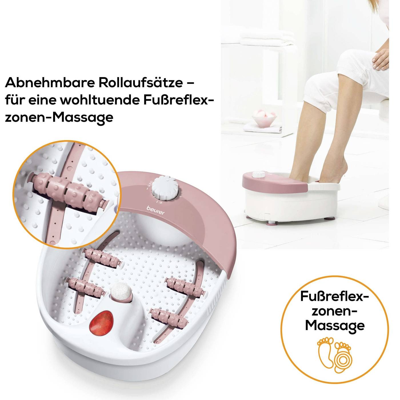 Verwijderbaar voetmassageapparaat met rolopzetstukken voor reflexzonemassage. Persoon gebruikt het apparaat, met een close-up van de opzetstukken naast zich.