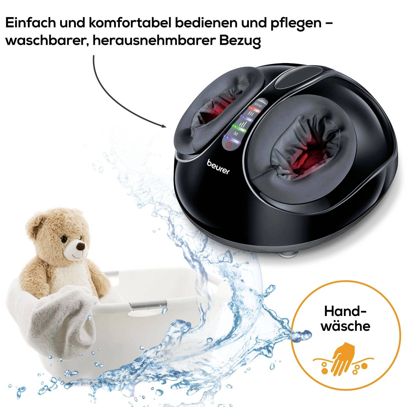 Voetmassageapparaat met uitneembare wasbare hoes, toont twee massageopeningen. Een plus: afbeelding van een wassende beer. Tekst: 'Eenvoudig en comfortabel te bedienen en te onderhouden'.