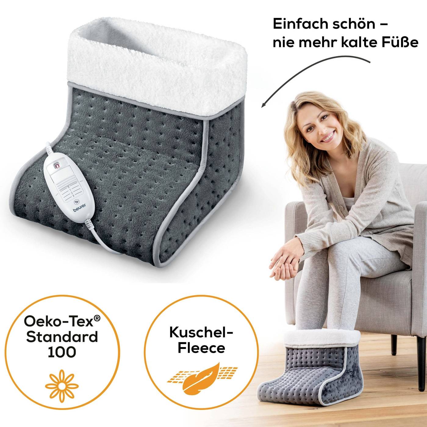Een vrouw zit en glimlacht terwijl ze haar voeten in een elektrische voetenwarmer heeft. Tekst: 'Gewoon heerlijk – nooit meer koude voeten'. Oeko-Tex Standaard 100, Knuffel-fleece.