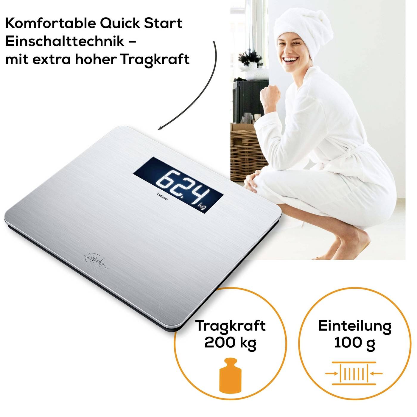 'Digitale personenweegschaal met weergave van 62,4 kg, comfortabele Quick Start, hoge draagcapaciteit van 200 kg, indeling 100 g.'