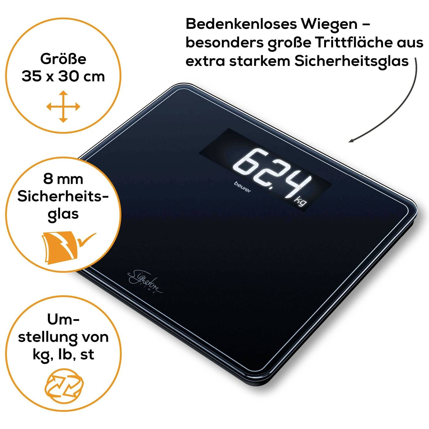 'Zwarte digitale weegschaal met groot LED-display toont 62,4 kg. Platformoppervlak van 35 x 30 cm uit 8 mm dik veiligheidsglas.'
