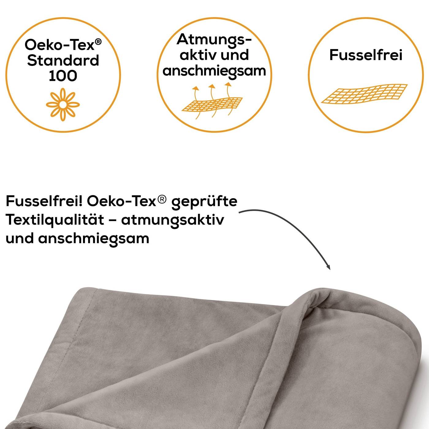 Grijs textieldoek met aanduidingen: 'Oeko-Tex Standaard 100', 'Ademend en soepel', 'Pluisvrij'. Gecertificeerde kwaliteit.
