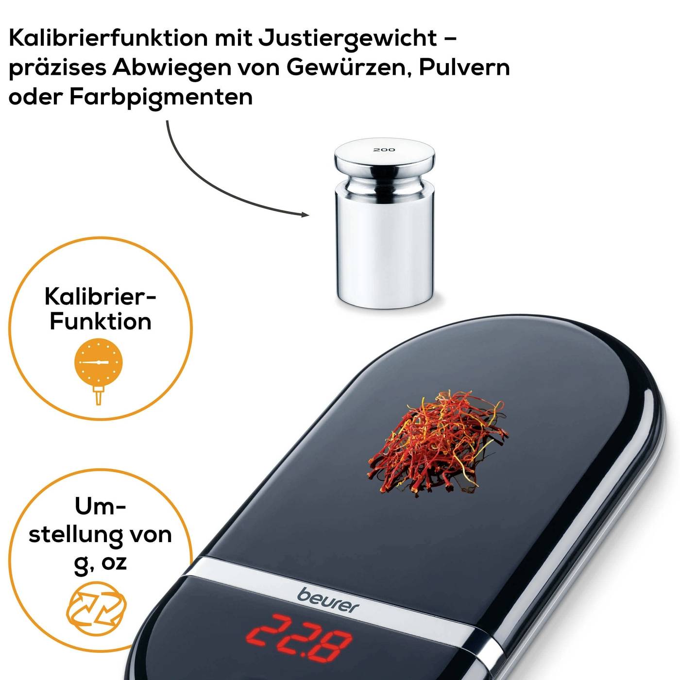 Digitale keukenweegschaal met kruiden erop, ernaast een calibratiegewicht. Tekst: 'Calibratiefunctie', 'Omschakelen tussen g/oz'.