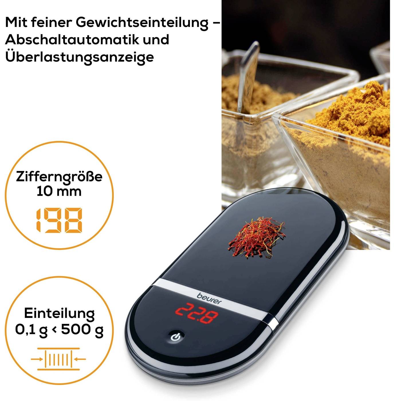 Elektronische precisieweegschaal op een tafel, toont 22,8 g aan. Ernaast een kruidencontainer. Tekst beschrijft precisie en overbelastingsindicator.