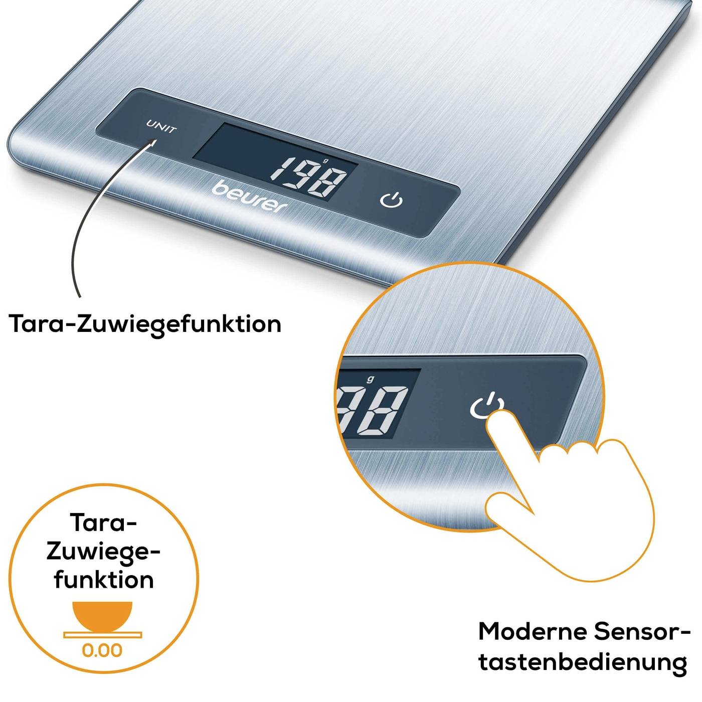 Digitale keukenweegschaal met tara-functie en moderne sensortoetsbediening. Display toont '198' gram.