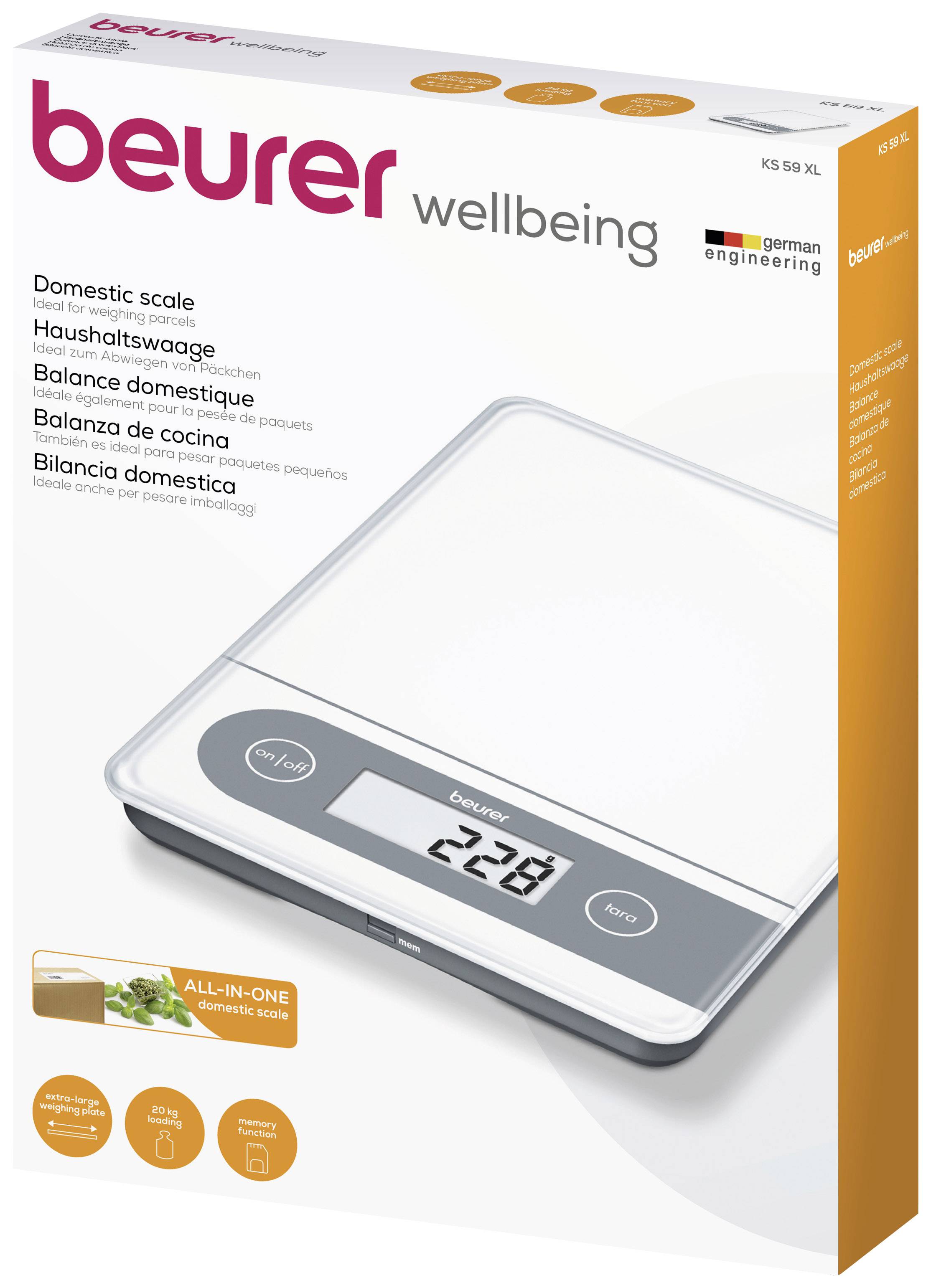 Verpakking van een digitale huishoudweegschaal met LCD-display. Toont '229'. Merk: Beurer. Bevat symbolen voor ingrediëntenmeting.