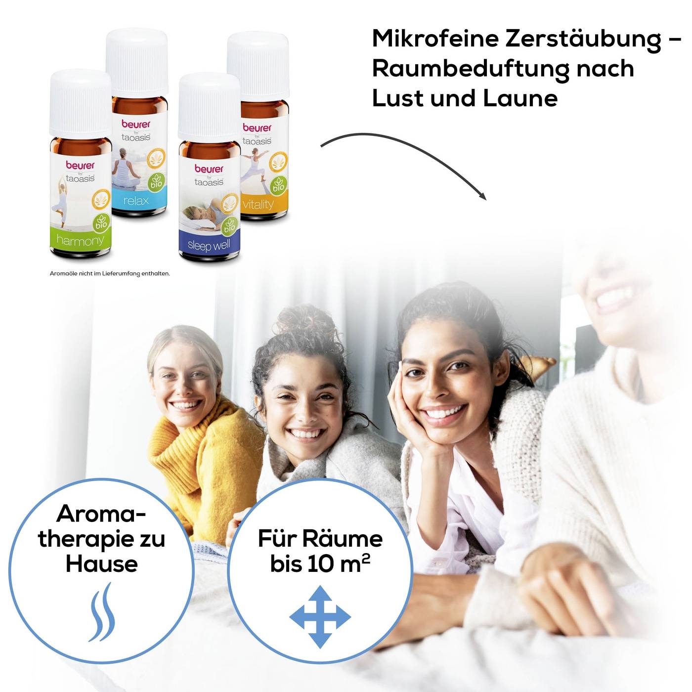 Vier etherische olieflesjes van Beurer; 'Micro-fijne verstuiving - Ruimteverversing naar hartenlust'. Drie vrouwen glimlachen op de achtergrond. Tekst: 'Aromatherapie thuis', 'Voor ruimtes tot 10 m²'.