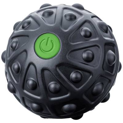 Zwarte massagebal met noppen en een groene aan-knop in het midden. Geschikt voor spierontspanning.
