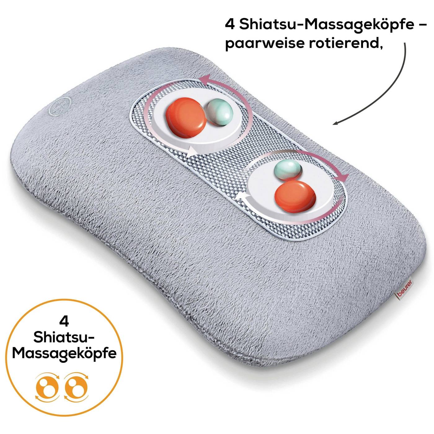 Shiatsu-massagekussen met vier roterende massagekoppen voor ontspanning. Grijs, pluizig kussen met oranje elementen.