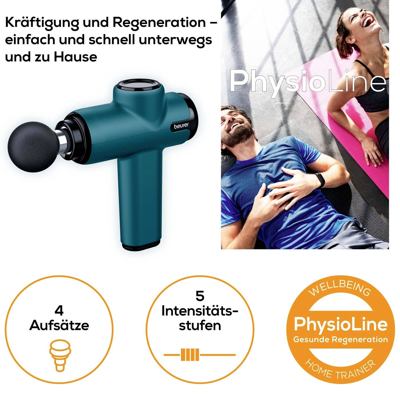 Een massagepistool met vier opzetstukken en vijf intensiteitsniveaus. Op de achtergrond bevinden zich twee lachende personen op trainingsmatten.