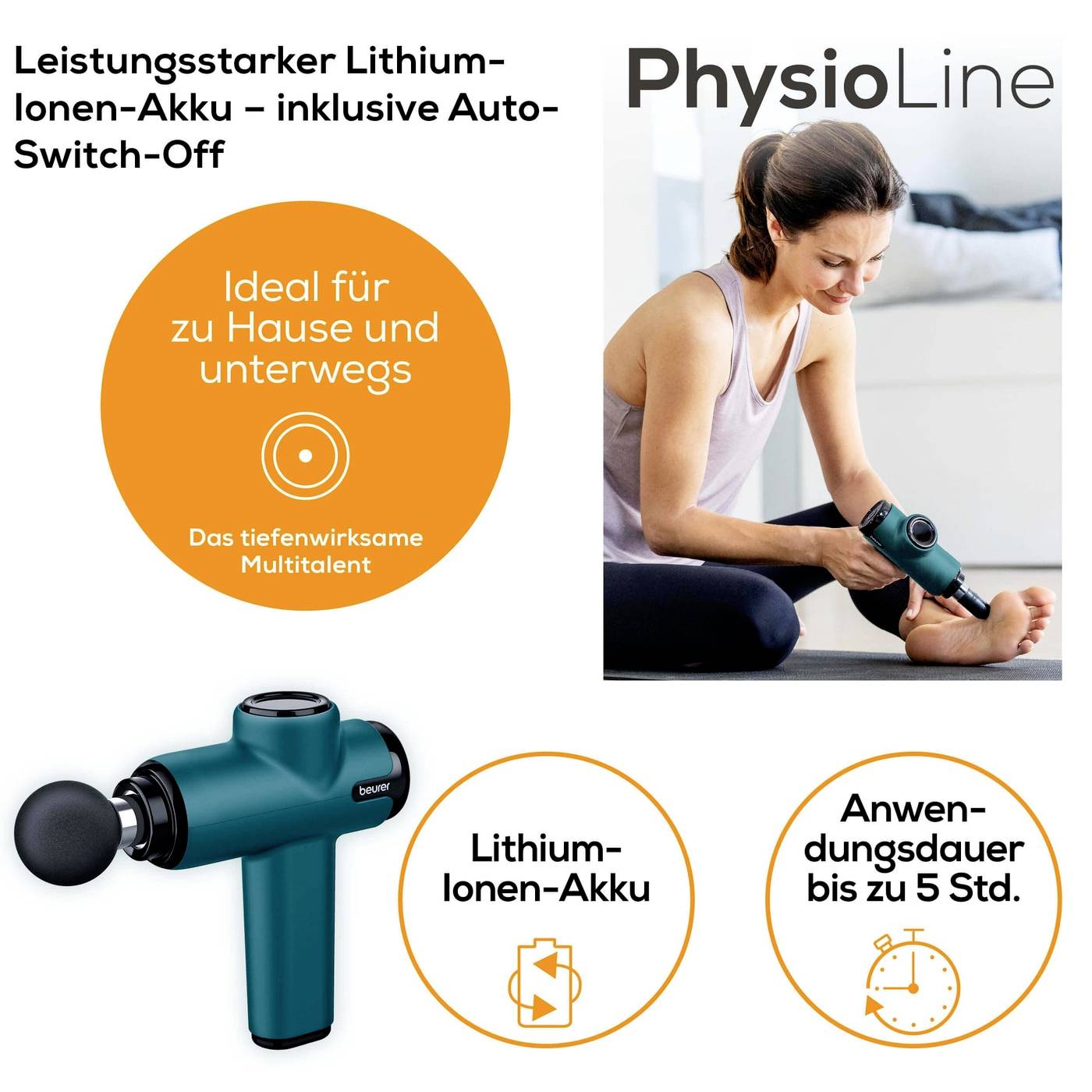 Fysiotherapieapparaat in gebruik op een voet. Tekst: 'Krachtige lithium-ion accu, inclusief automatische uitschakeling. Ideaal voor thuis en onderweg. Gebruiksduur tot 5 uur.'