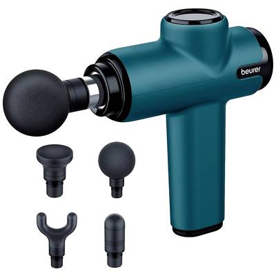 Een blauw massageapparaat met verwisselbare opzetstukken, inclusief bal-, vork- en cilindervormen. Merk 'beurer'.