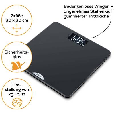 'Digitale weegschaal met antisliplaag, veiligheidsglasplaat, aanduiding 63,3 kg. Afmeting 30x30 cm, schakelbaar tussen kg, lb en st.'