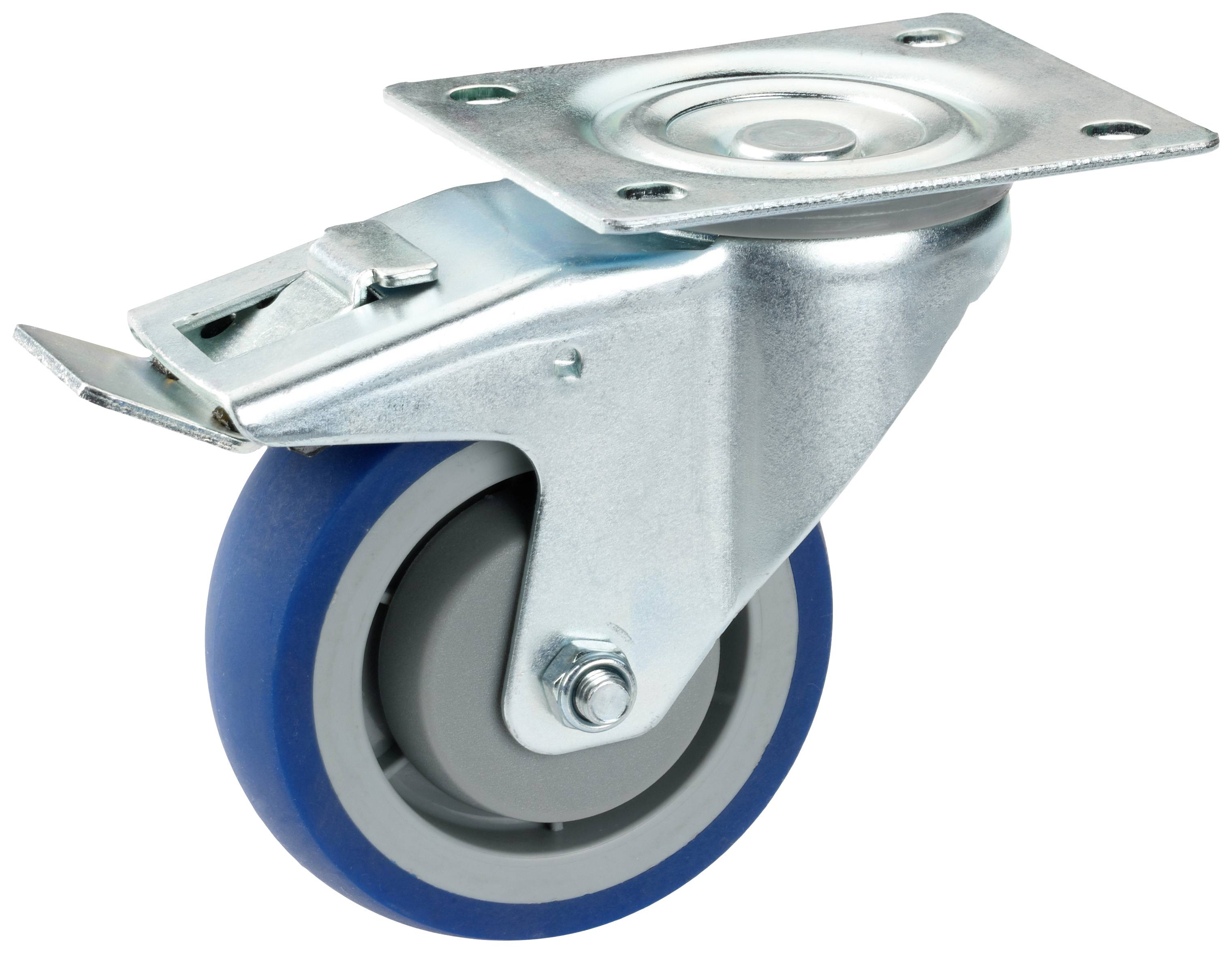 Metalen transportwiel met blauwe rubberen coating, geschikt voor zware lasten.