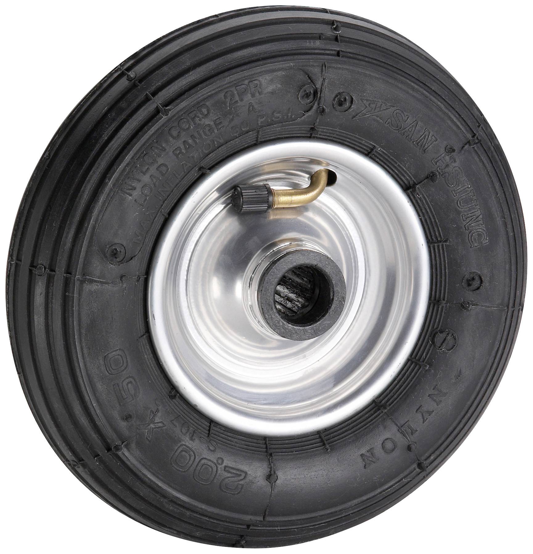 Een zwart rubberen steekwagenwiel met een zilveren velg en ventiel is afgebeeld.