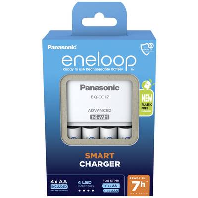 Packaging of a 'Panasonic eneloop' Smart Charger for Ni-MH batteries, includes four AA batteries, 4 LED indicators, 7-hour charging time.