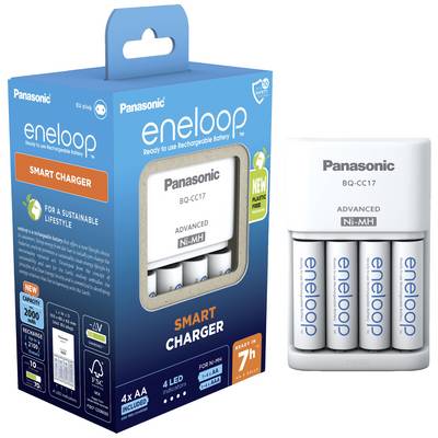 Oplaadbare batterijverpakking met vier herlaadbare AA-batterijen van het merk 'Panasonic eneloop', waarbij de duurzame eigenschappen worden benadrukt.