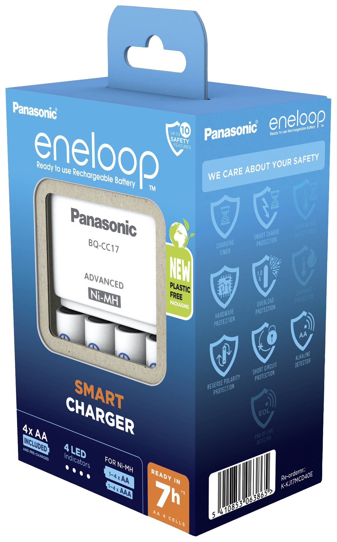 Verpakking van een Panasonic eneloop Smart Charger, compatibel met AA en AAA Ni-MH oplaadbare batterijen. Bevat 4 AA batterijen. Laadtijd ongeveer 7 uur.